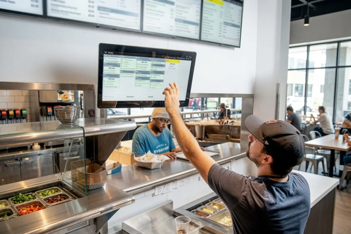 Quick-service restaurant counter with kitchen display screens