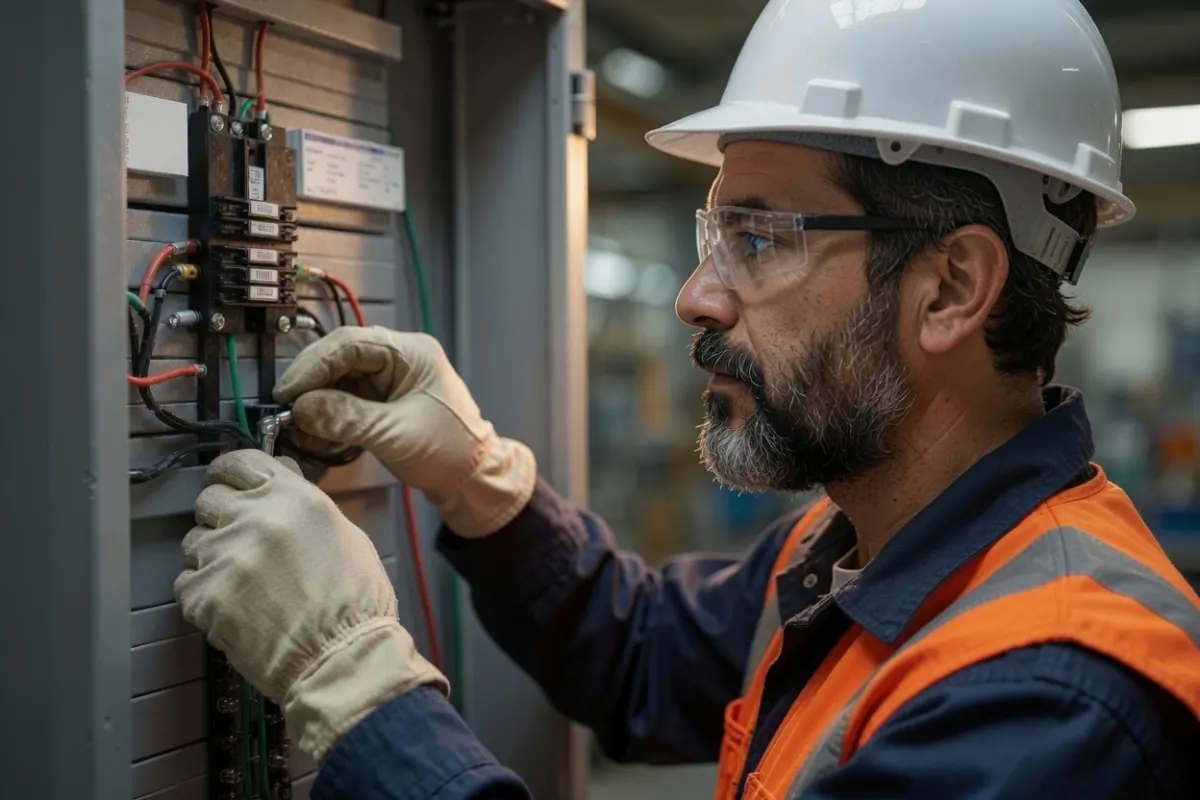Electrician installing metering in a switchboard